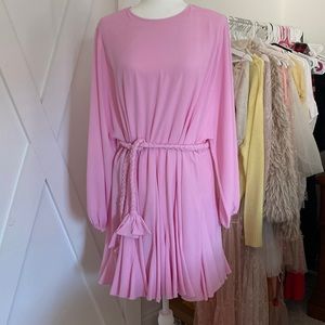 Riley Braided Belt Long Balloon Sleeve Crew Neck Swing Dress, size L, color pink